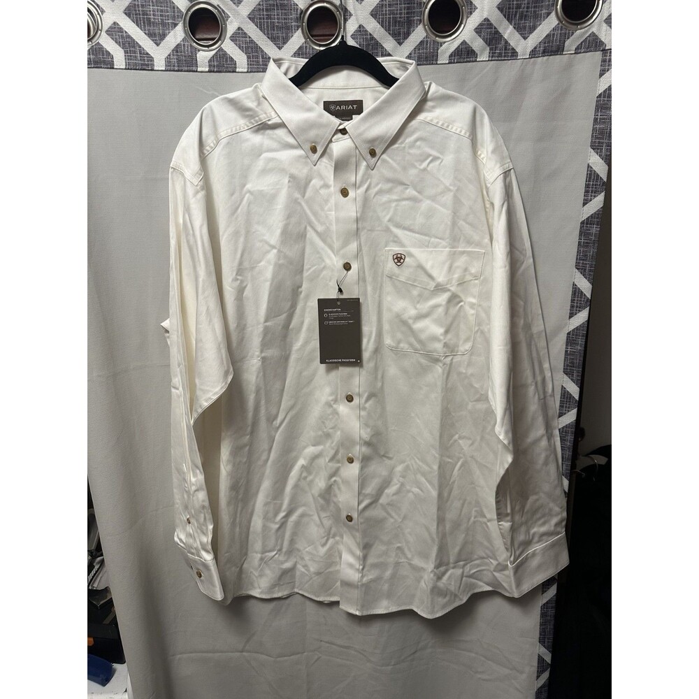 NWT Men's Ariat Solid White Twill Button Down Long Sleeve Shirt Size XL